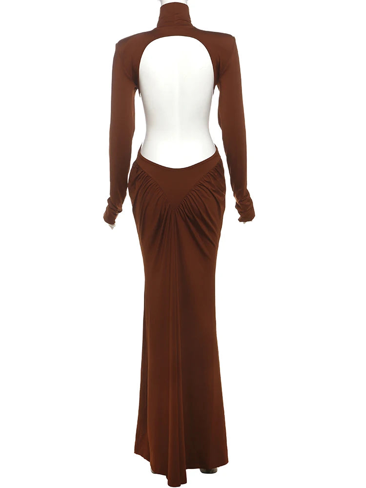 Sisterlinda Shirring Sheath Maxi Dresses High Street Classic Full Sleeve Straight Shoulder Backless Vestidos Mujer Evening Wear