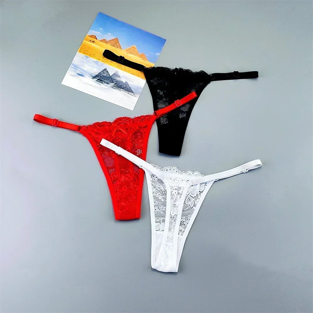 3PCS Adjustable Sexy Transparent Thong Panties Women Lace Underwear Low Waist Female T-back String Underpants