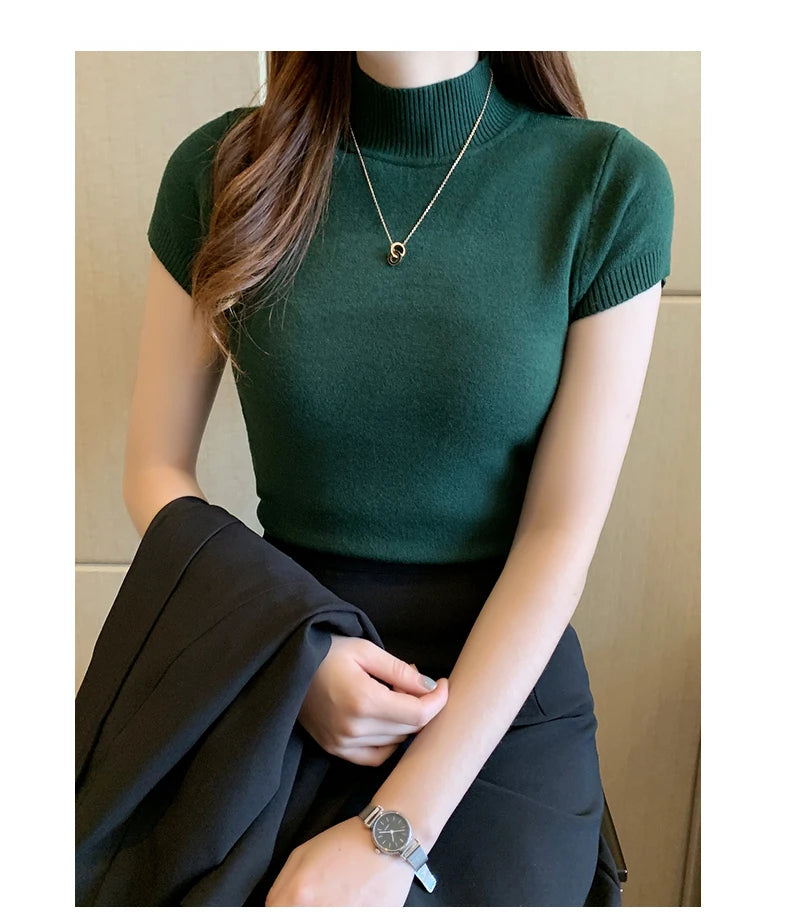 Half-High Neck T-Shirt Women's Fashion Jumper Casual Tops Korean Style Elegant Solid-Coloured Clothing Spring And Summer Season