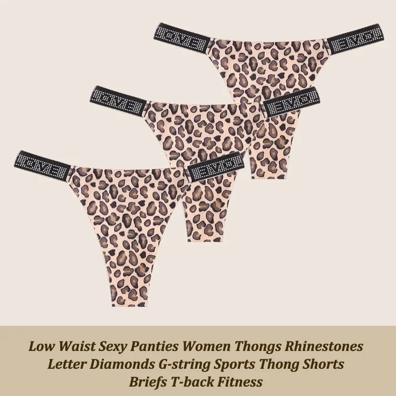 Low Waist Sexy Panties Women Thongs Rhinestones Letter Diamonds G-string Sports Thong Shorts Briefs T-back Size XS-XL 3Pcs