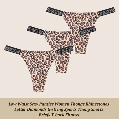 Low Waist Sexy Panties Women Thongs Rhinestones Letter Diamonds G-string Sports Thong Shorts Briefs T-back Size XS-XL 3Pcs