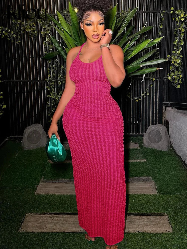 Kliou Solid Ruched Spaghetti Strap Bandage Maxi Dress Women Casual Sleeveless Backless Bodycon Ladies Party Streetwear Dresses