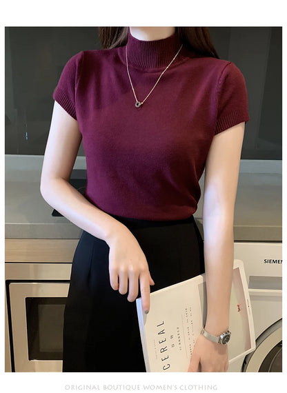 Half-High Neck T-Shirt Women's Fashion Jumper Casual Tops Korean Style Elegant Solid-Coloured Clothing Spring And Summer Season