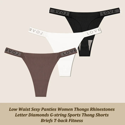 Low Waist Sexy Panties Women Thongs Rhinestones Letter Diamonds G-string Sports Thong Shorts Briefs T-back Size XS-XL 3Pcs