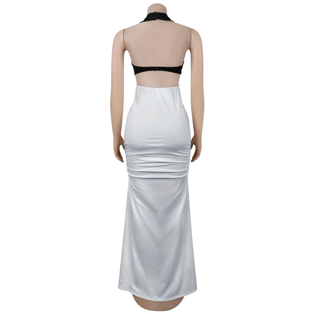 Luxury Women Ruched Dresses Two Tone Contrast Open Back Maxi Halter Midinight Robes Evening Sexy Party Long Dress