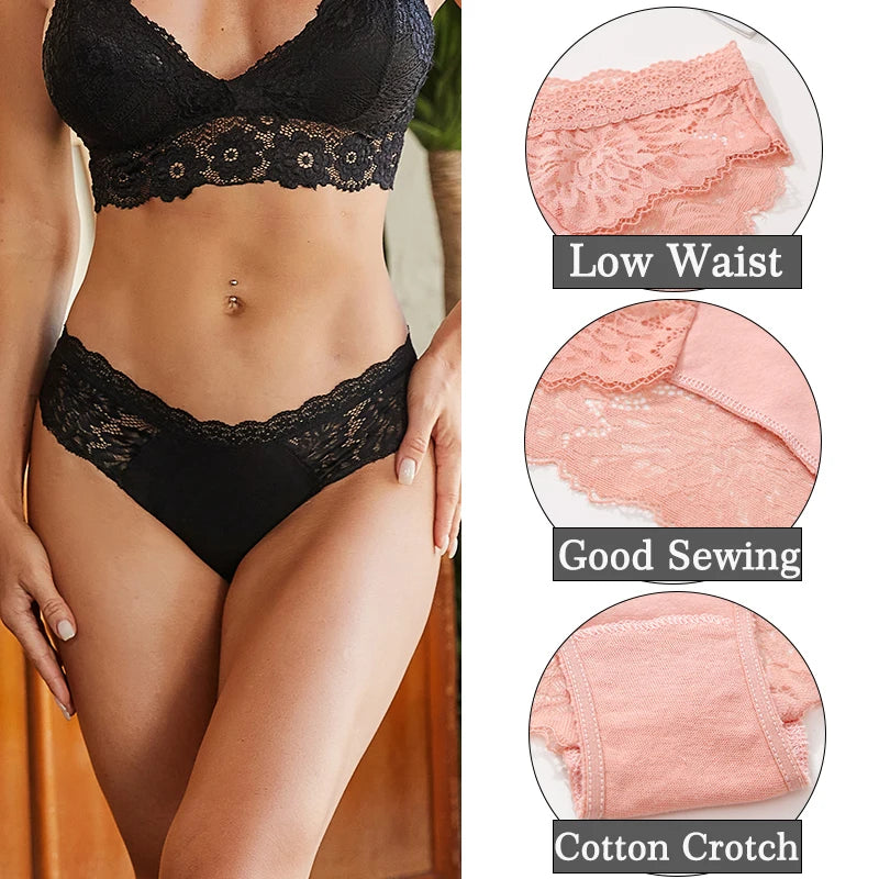 Sexy Perspective Women Back Lace Panties Patchwork Cotton Underpants Hollow Out Lingerie Underwear Comfortable Briefs 3PCS