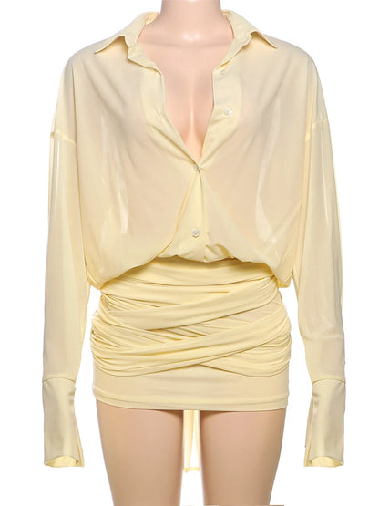 Weird Puss Ruched See Through Dress Women Patchwork Single-Breasted Full Sleeve Bandage Tassel Trend Streetwear Mini Bodycon