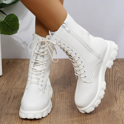 Autumn Winter PU Leather White Ankle Boots Motorcycle Botines Female Chunky Heels Platform Boots Botas Mujer
