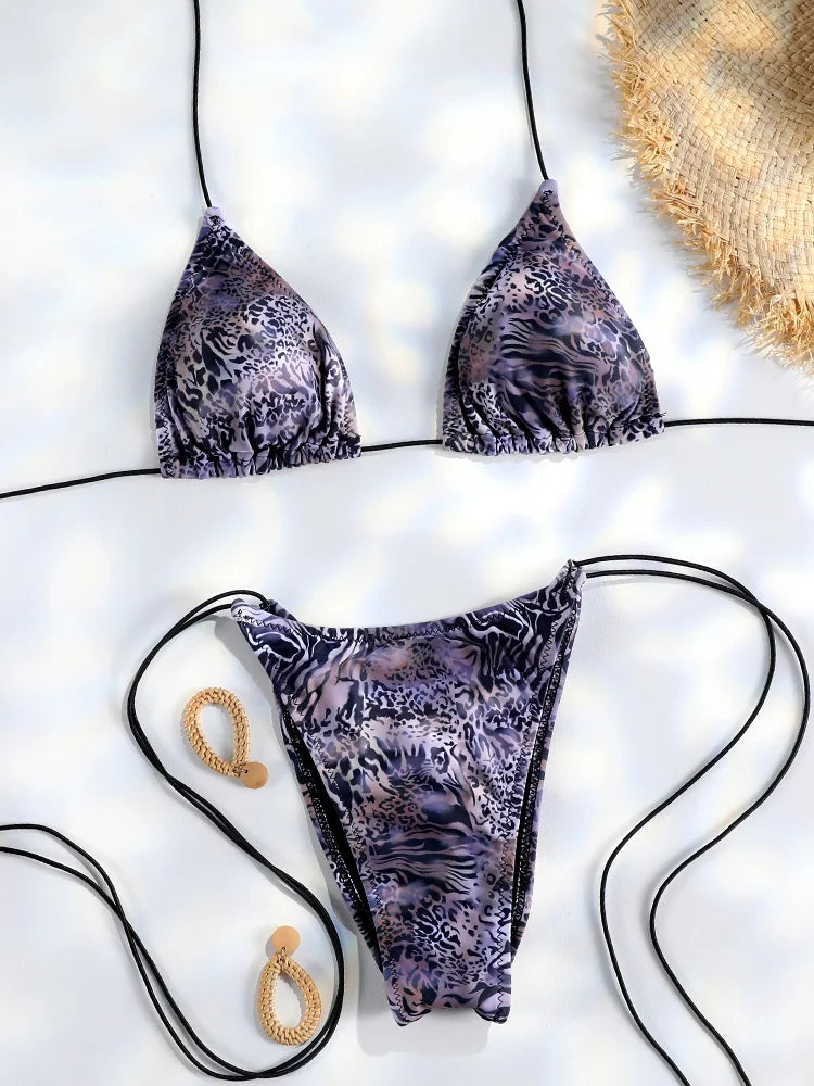 Sexy Triangle Mini Bikini Sets Micro Thongs Swimsuit Women Bathing Suit Biquini Bandage Beachwear Print Swimwear Thong Bikini