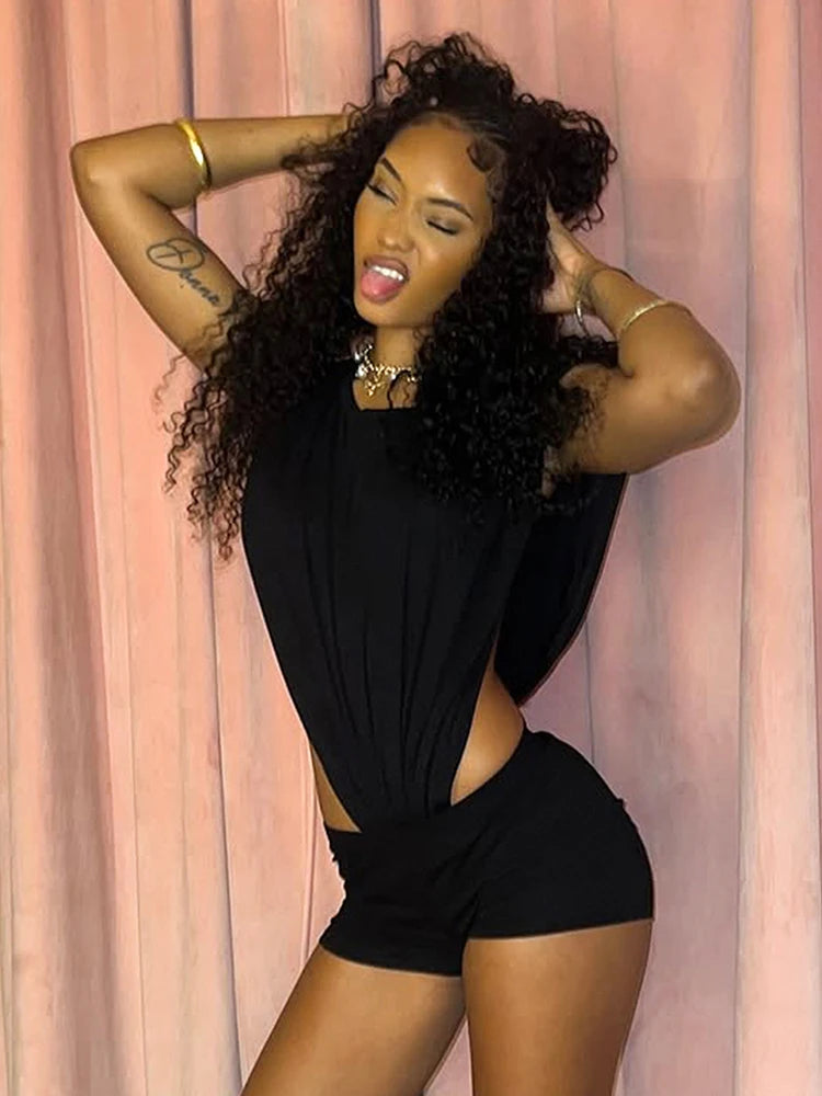 Weird Puss Sexy Women Romper Sleeveless Hollow Patchwork Summer o-Neck Hipster Solid Skinny Stretch Clubwear Ruched Playsuit