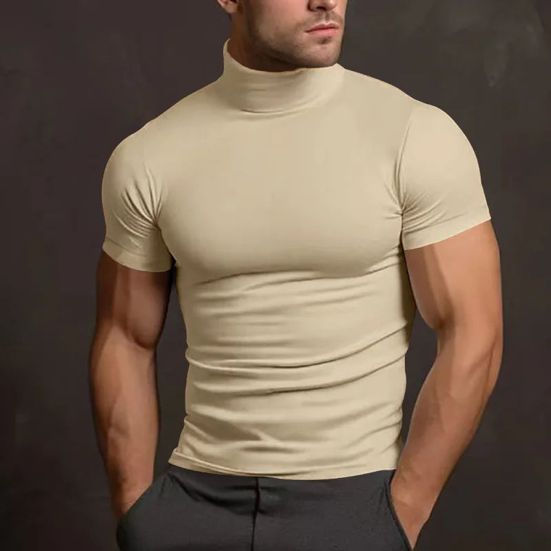 Cross-border Amazon summer solid color short-sleeved fashion bottoming shirt men's tight turtleneck T-shirt