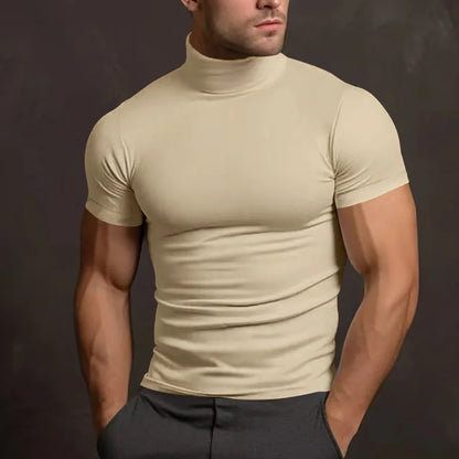 Cross-border Amazon summer solid color short-sleeved fashion bottoming shirt men's tight turtleneck T-shirt