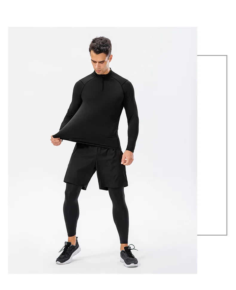 Men's Autumn Fitness Long-Sleeved Quick-Dry Running Tops Half-Zipper Slim-Fit Training Sweatshirt Baselayer Undershirts