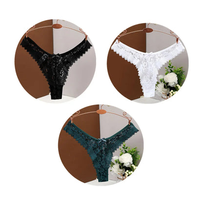 3PC Sexy T Back Woman Thong Panty Mid Waist Lace Panties Transparent Underwear "V-shape" Girls Erotic Panty