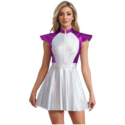 Adult Silver Astronaut Costume Women Alien Tutu Dress Suit Space Cadet Tulle Skirt Jumpsuit Halloween Cosplay Party Dress Up