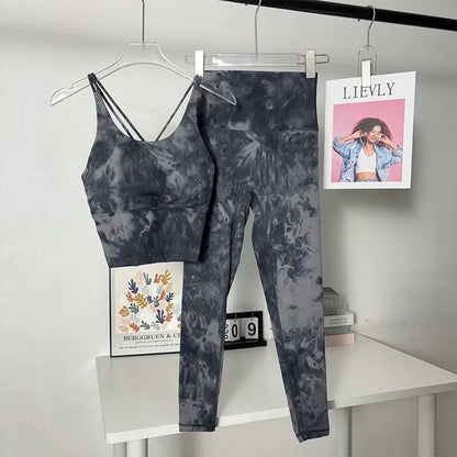 Tie-dye yoga suit set women's cross beauty back shockproof sports bra high-end vest two-piece gym suit