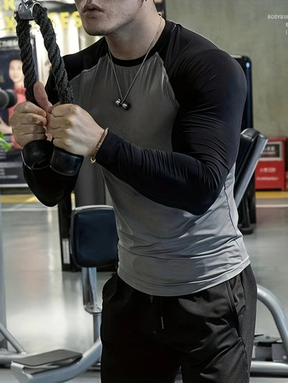 Men's quick drying workout tight fitting top, high elasticity cycling compression training suit