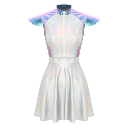 Adult Silver Astronaut Costume Women Alien Tutu Dress Suit Space Cadet Tulle Skirt Jumpsuit Halloween Cosplay Party Dress Up