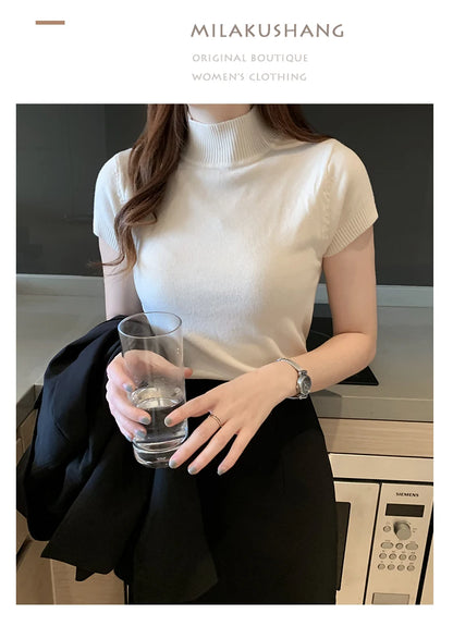 Half-High Neck T-Shirt Women's Fashion Jumper Casual Tops Korean Style Elegant Solid-Coloured Clothing Spring And Summer Season