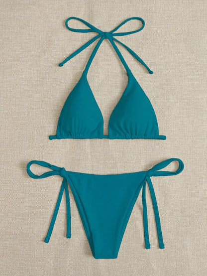 Solid color three-point bikini strap-on women's swimsuit set