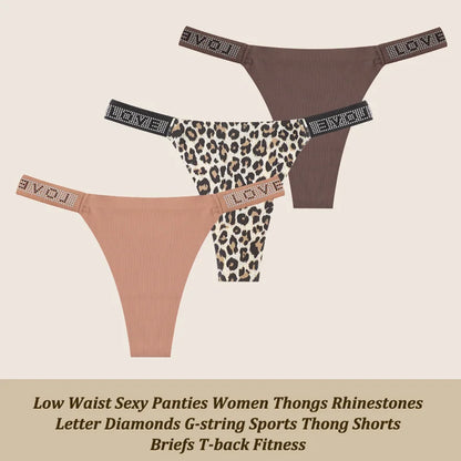 Low Waist Sexy Panties Women Thongs Rhinestones Letter Diamonds G-string Sports Thong Shorts Briefs T-back Size XS-XL 3Pcs