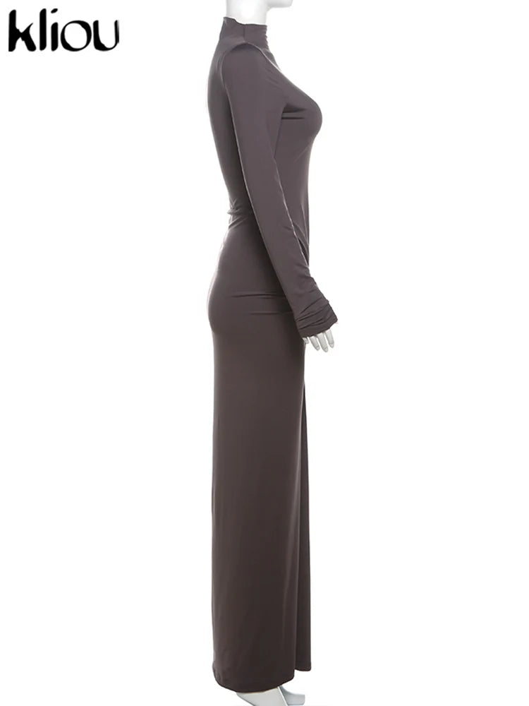 Kliou Shirring Women Classic Maxi Dress Autumn New Solid Long Sleeve High Collar Body-shaping Vestidos Mujer Concise Trend Robe