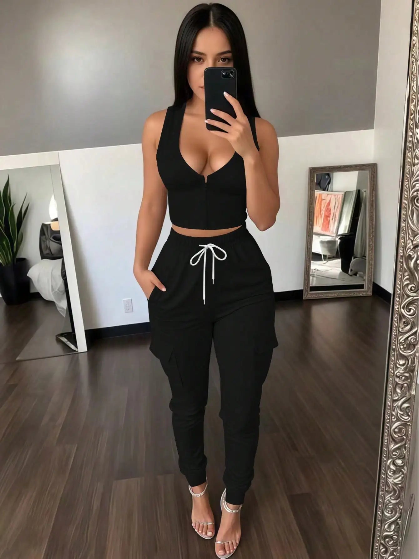 Women's 2-Piece Set: Sleeveless Zip Front Crop Top & Cargo Jogger Pants, Casual Summer Outfit