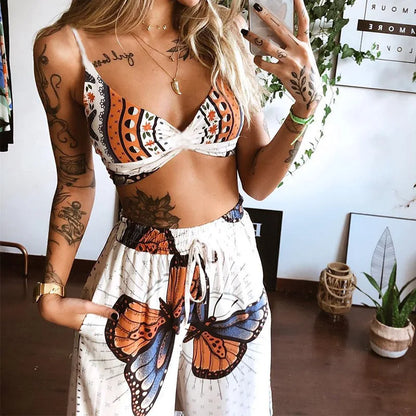 Sexy Two Piece Set Women Outfit 2025 Summer Butterfly Print V-Neck Cropped Top High Waist Drawstring Casual Wide Leg Pants Sets