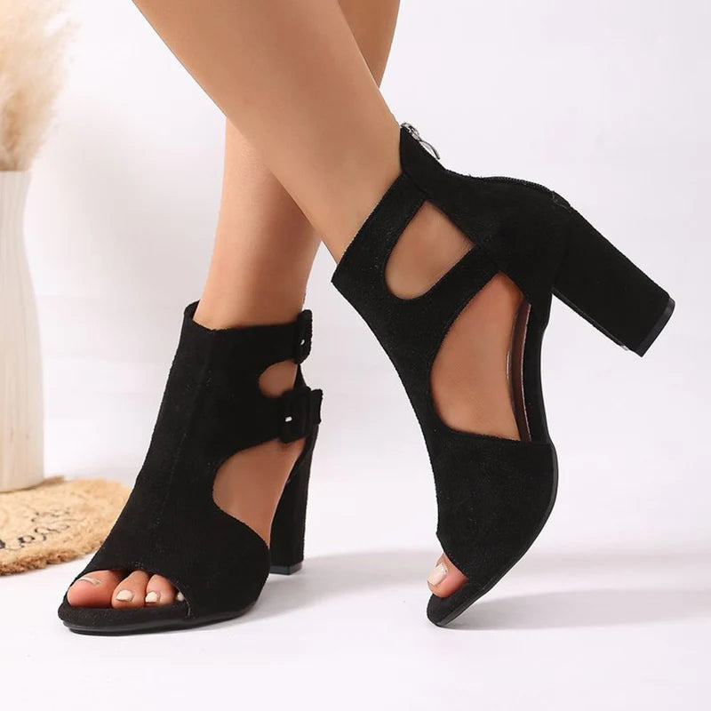 Peep Toe Black High Heel Sandals Women Retro Faux Suede Thick Heel Sandals Woman Summer Plus Size 35-43 Sandalias Female
