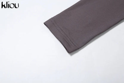 Kliou Shirring Women Classic Maxi Dress Autumn New Solid Long Sleeve High Collar Body-shaping Vestidos Mujer Concise Trend Robe