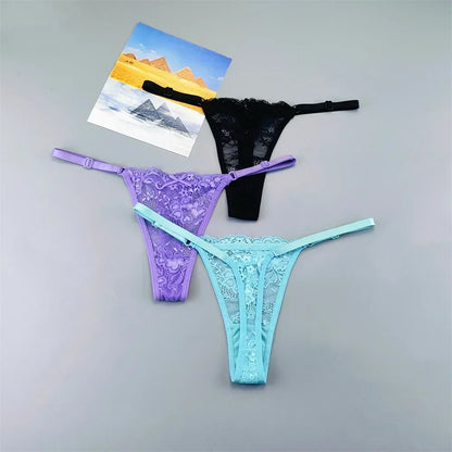 3PCS Adjustable Sexy Transparent Thong Panties Women Lace Underwear Low Waist Female T-back String Underpants