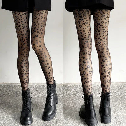 Vintage Women Sexy Thin Transparent Silky Pantyhose Gothic Black Sexy Leopard Animal Pattern Sheer Tights Seamless Stockings