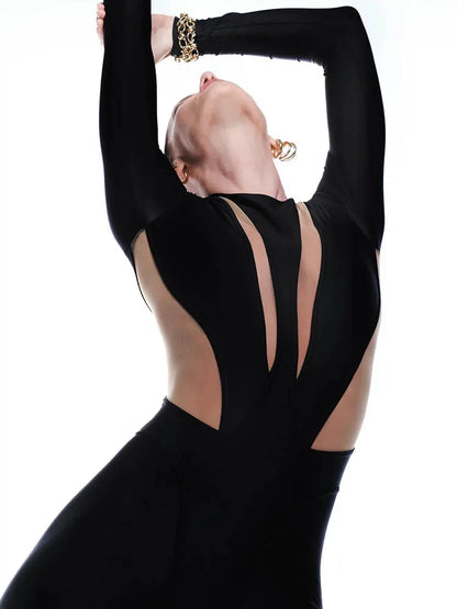 Huhugirl Sexy Mesh Patchwork Rompers Women Jumpsuits Fashion O Neck Long Sleeve Skinny Black Jumpsuits Female One Piece Overalls