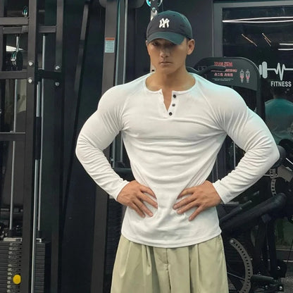 Men Sports High-Elastic Fitness Long Sleeve T-Shirt Autumn New Slim Fit Henley Collar Tshirt Men Streetwear Casual T-Shirt