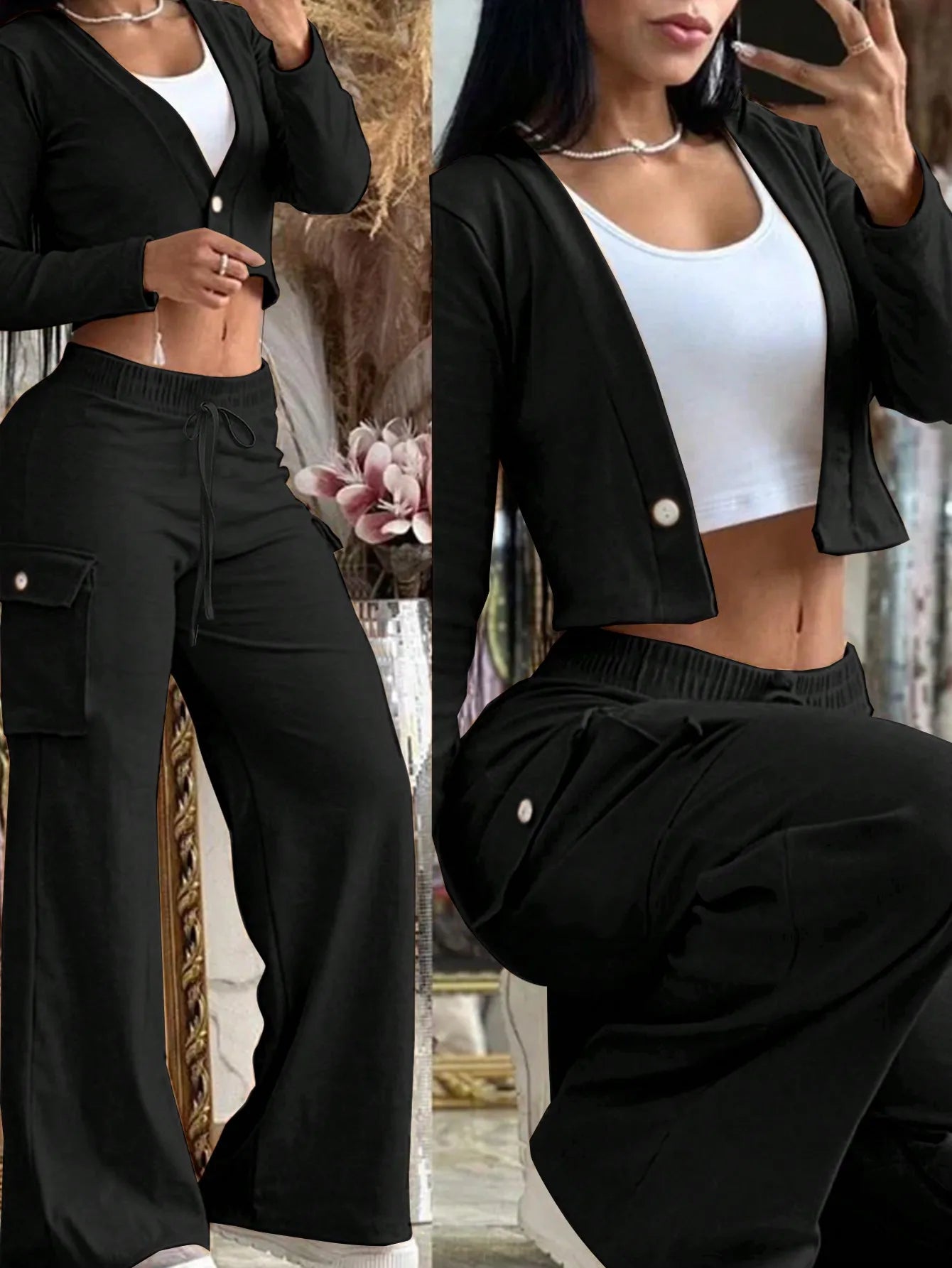 BWQ 2pcs/Set Women Popular Orange Knit Cardigan & Cargo Pant | V-Neck Button-Up Top Pants With Drawstring Waist | Elegant Casual