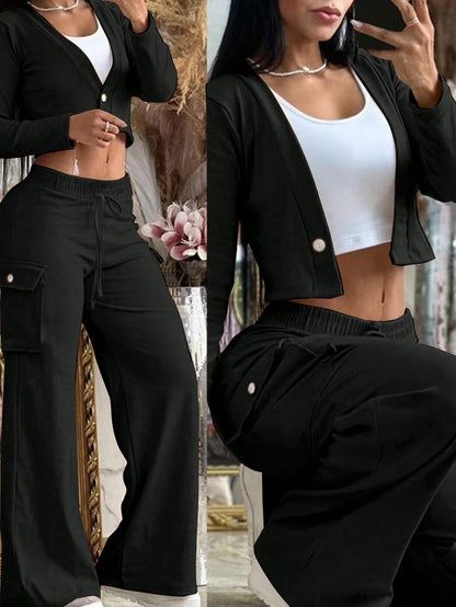 BWQ 2pcs/Set Women Popular Orange Knit Cardigan & Cargo Pant | V-Neck Button-Up Top Pants With Drawstring Waist | Elegant Casual