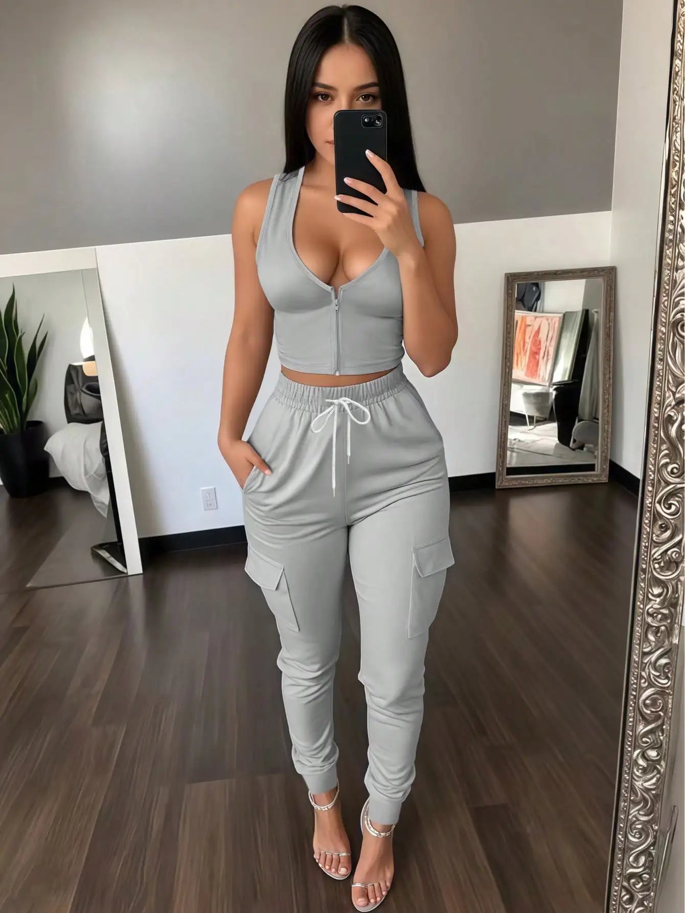 Women's 2-Piece Set: Sleeveless Zip Front Crop Top & Cargo Jogger Pants, Casual Summer Outfit