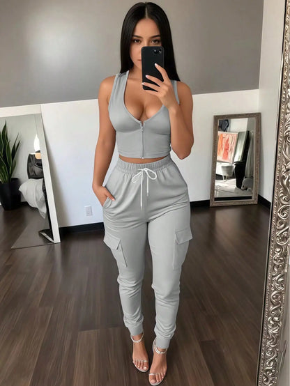 Women's 2-Piece Set: Sleeveless Zip Front Crop Top & Cargo Jogger Pants, Casual Summer Outfit