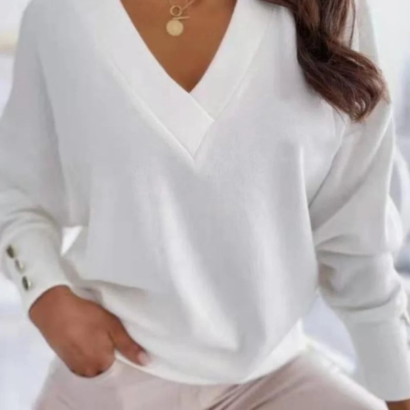 Spring Autumn Women Pure Soft Long Sleeve Sweater V-neck Fashion Jumper Office Lady Button Loose Casual Pullover Top Sweaters