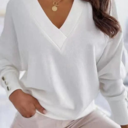 Spring Autumn Women Pure Soft Long Sleeve Sweater V-neck Fashion Jumper Office Lady Button Loose Casual Pullover Top Sweaters