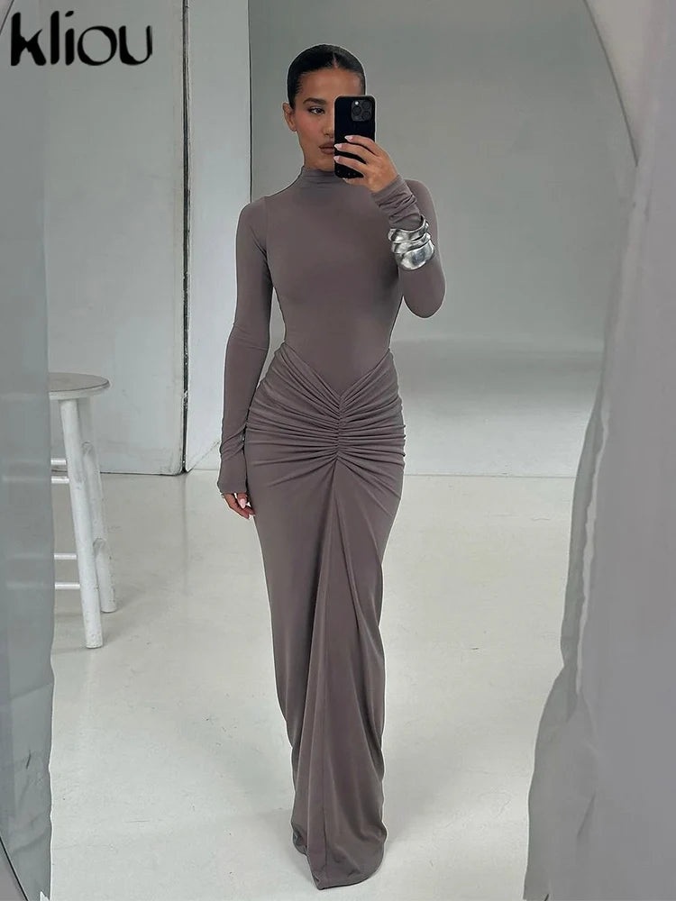 Kliou Shirring Women Classic Maxi Dress Autumn New Solid Long Sleeve High Collar Body-shaping Vestidos Mujer Concise Trend Robe