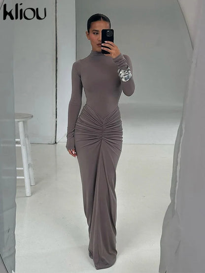 Kliou Shirring Women Classic Maxi Dress Autumn New Solid Long Sleeve High Collar Body-shaping Vestidos Mujer Concise Trend Robe