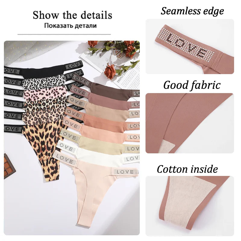 Low Waist Sexy Panties Women Thongs Rhinestones Letter Diamonds G-string Sports Thong Shorts Briefs T-back Size XS-XL 3Pcs
