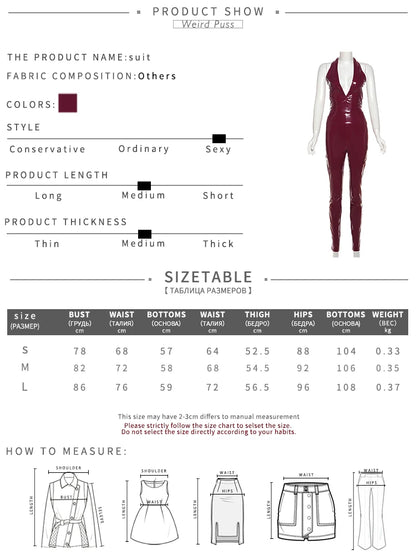 Weird Puss Faux Leather 2 Piece Set Women Sexy Low-Neck Halter Sleeveless Bodysuit+Zipper Waist Stretch Pant Clubwear Trend Suit