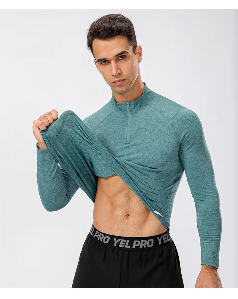Men's Autumn Fitness Long-Sleeved Quick-Dry Running Tops Half-Zipper Slim-Fit Training Sweatshirt Baselayer Undershirts