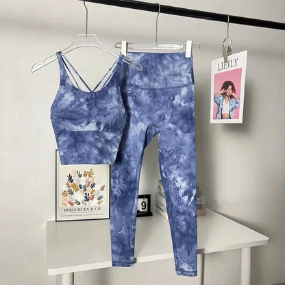 Tie-dye yoga suit set women's cross beauty back shockproof sports bra high-end vest two-piece gym suit