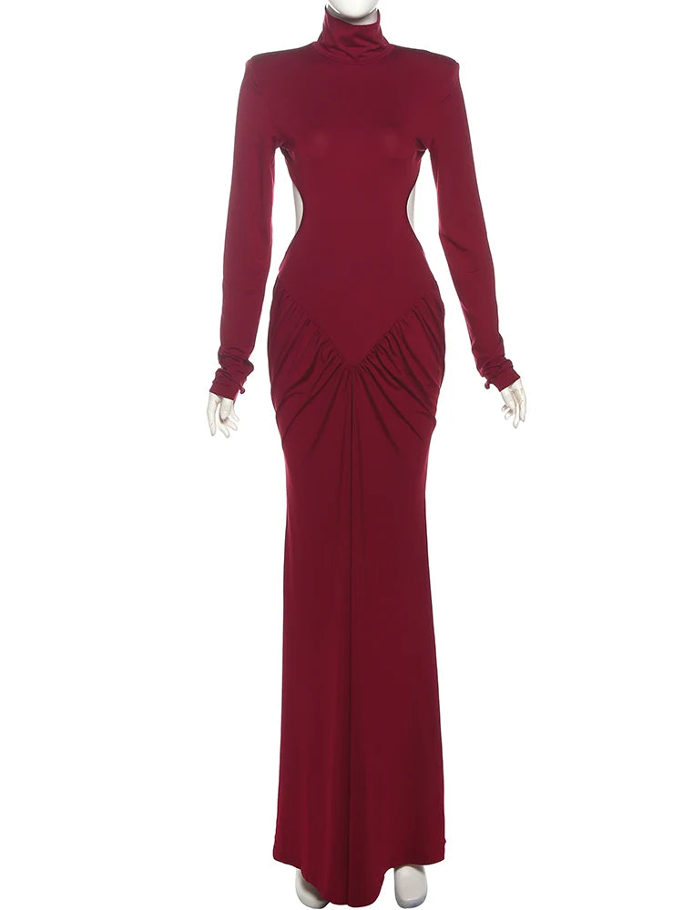 Sisterlinda Shirring Sheath Maxi Dresses High Street Classic Full Sleeve Straight Shoulder Backless Vestidos Mujer Evening Wear