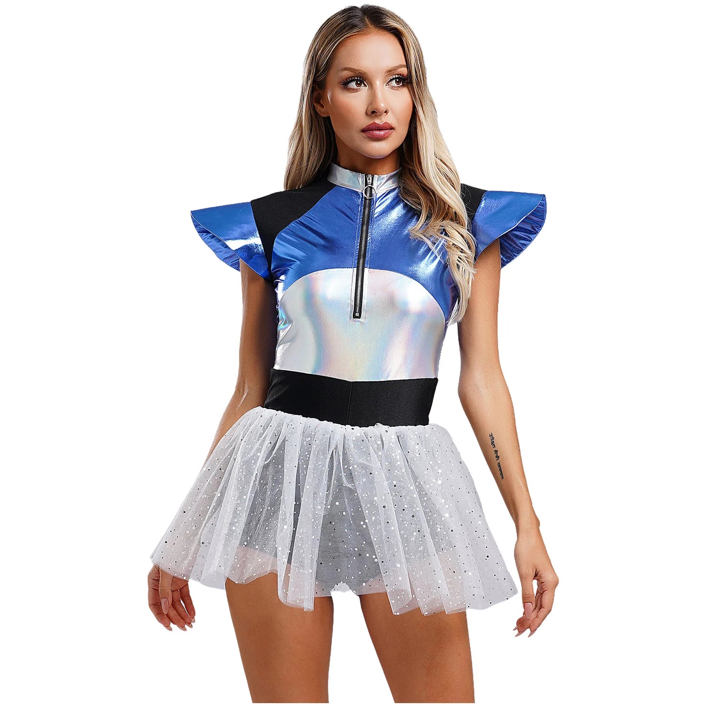 Adult Silver Astronaut Costume Women Alien Tutu Dress Suit Space Cadet Tulle Skirt Jumpsuit Halloween Cosplay Party Dress Up