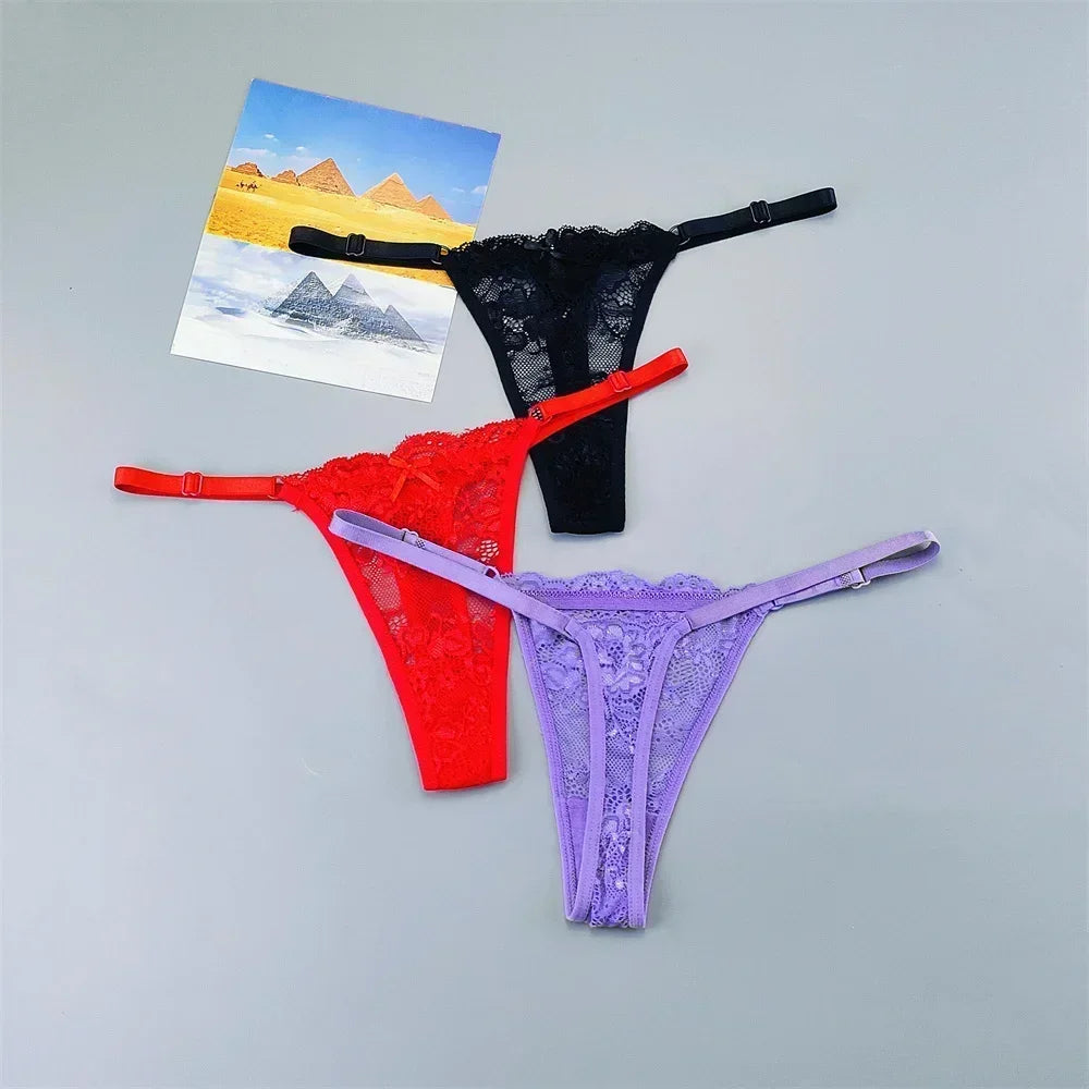 3PCS Adjustable Sexy Transparent Thong Panties Women Lace Underwear Low Waist Female T-back String Underpants