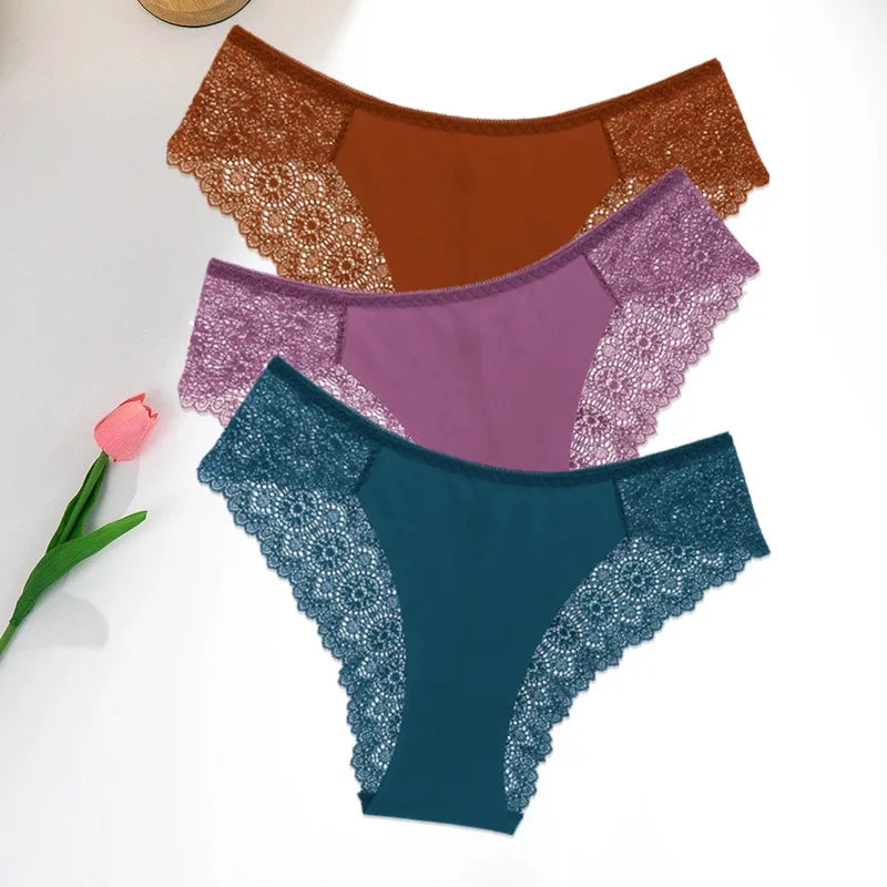 WarmSteps 3Pcs/Set Women's Lace Panties Briefs Solid Ice Silk Lingerie Female Underpanties Underwear for Woman Low Rise Briefs